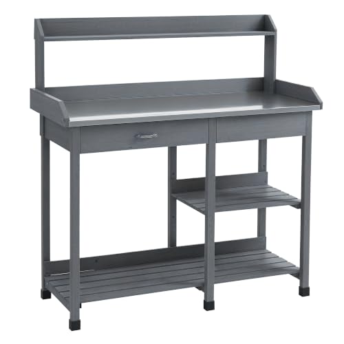 Outsunny Garden Potting Table with Galvanized Metal Tabletop for Balcony - Wooden Workstation Bench, Drawer, Storage Shelves and Hooks, for Patios, Courtyards
