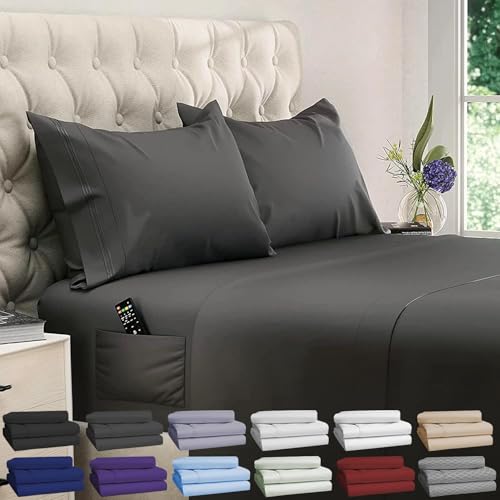 DREAMCARE Twin XL Sheet Sets - 4pc Cooling Sheets XL Twin Sheets - Twin XL Sheets up to 21??? Deep Pocket ??? Hotel Luxury Extra Long Twin XL Bed Sheets 100% Brushed Microfiber with Side Pocket - Gray