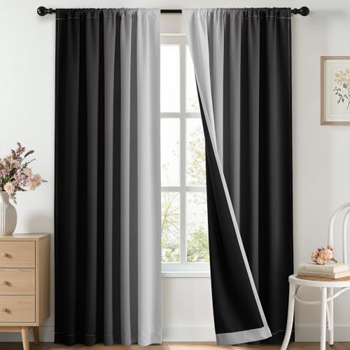 Yakamok 100% Blackout Curtains 84 inches Long, Room Darkening Black and Greyish White Curtains Ombre for Bedroom,Gradient Rod Pocket Window Curtains for Living Room,2 Panels,52x84 inch