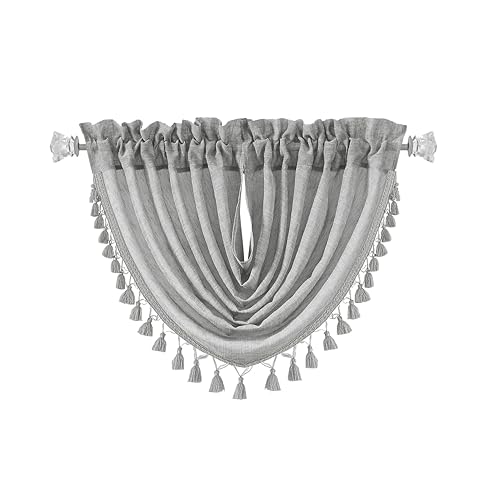 "Central Park Silver Gray Solid Waterfall Valance Curtain Panel Linen Blend Semi Sheer Rod Pocket Kitchen Curtain with Tassel Accessories for Living and Bedroom Window Treatment Drape, 56""x38"", 1 Piece"