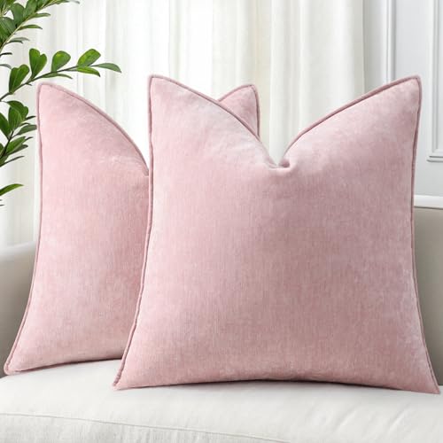 decorUhome Fall Couch Throw Pillow Covers 18x18 Set of 2, Decorative Soft Velvet Modern Cozy Chenille Pillow Cases with Elegant Design for Sofa Bed Living Room Home Decor, Blush Pink