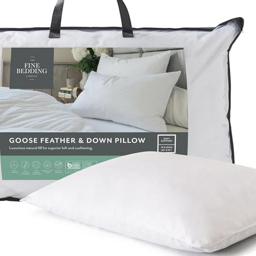 The Fine Bedding Company Goose Feather and Down Pillow – Ethically Sourced Sustainable Luxury Soft Pillow for Front and Back Sleepers, Machine Washable – Single (1 Pack)