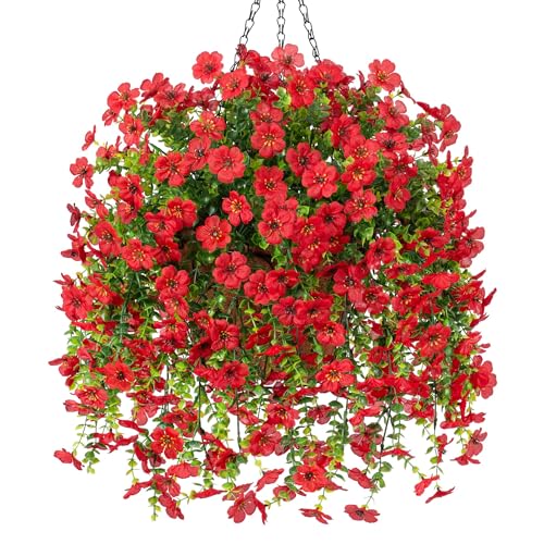 Artificial Hanging Flowers for Decoration,Autumn Fake Flowers with Flowerpot for Outdoors,UV Resistant Autumn Leaves Silk Daisy Courtyard Patio Porch Fake Plants Garden Home (Red)