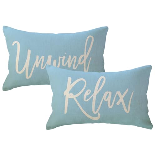 Relax Unwind Throw Pillow Covers 12x20 Farmhouse Spring Summer Decorative Lumbar Pillowcases Porch Patio Cushion Covers 2Pack for Bedroom Living Room Sofa Couch Home Decor (Light Blue)