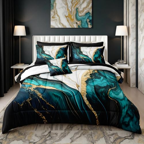 Herside Blue and Gold Marble Comforter Set 8 Pieces,King Size Bed in a Bag Set,Abstract Texture Modern Bedding Set,Soft Microfiber Lightweight Comforter Bed Set with Sheets and Pillowcases