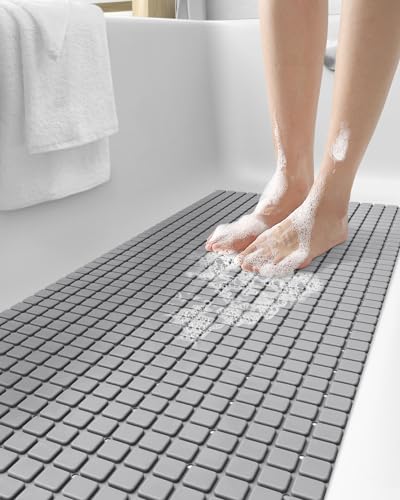 DEXI Bath Mat Non Slip BPA Free Latex Free Machine Washable with Suction Cups and Drainage Holes Extra Long 16x39 Inch Grey