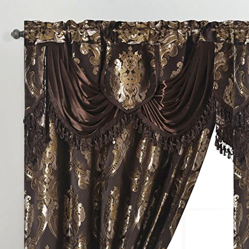 "GOHD Luxe Love. Jacquard Window Curtain Panel Drape with Attached Fancy Valance. 2pcs Set. (Chocolate, 54"" Wide x 84"" Drop with 18"" Valance x 2pcs)"