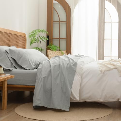 BESTOUCH Twin Washed Cotton Linen Feel Sheet Set 3pc Northern Droplet Grey - 3 Piece Sheet Set, Deep Pockets with All???Around Elastic, Linen-Like Texture, Extra Soft & Breathable, No???Iron