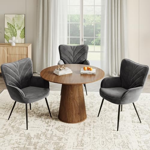 Upholstered Velvet Dining Chair with Armrests, Modern Nordic Dining Room Chair, Soft Padded Seat with Ergonomic Back, Black Metal Legs,Grey