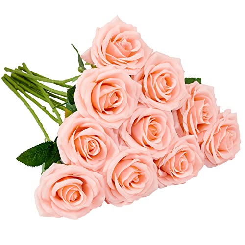 IUKnot Artificial Rose 10pcs Open Flower Bouquet Faux Rose Stems for Wedding Arrangement, Bridal Bouquet, Centerpiece, Fake Faux Silk Flowers (Coral Peach)