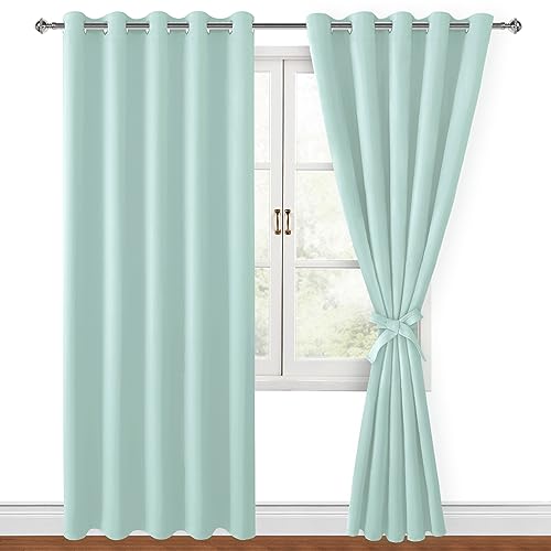 Hiasan Blackout Curtains for Bedroom, 60 x 84 Inches Long - Thermal Insulated & Energy Saving Window Curtains for Living Room, 2 Drape Panels Sewn with Tiebacks, Aqua