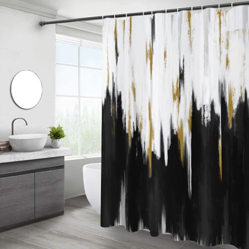 "Caheansi Black and White Shower Curtain, Black White Gold Brush Strokes Graffiti Oil Painting Modern Art Abstract Bathroom Curtain Waterproof Fabric Machine Washable with Hooks, 72"" Wx72 L"