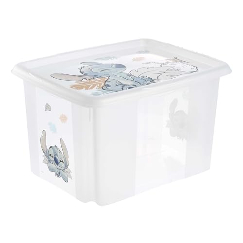 keeeper karolina storage box with lid, 30 l, nestable and stackable, design: Stitch, for children, transparent