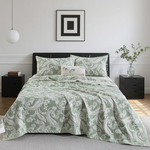 Purefair 100% Cotton Muslin Jacquard 2 Piece Quilt Set Paisley Print, Soft 3 Layers Gauze Bed Cover Reversible Bedspread Coverlet Breathable Lightweight Bedding Set, Twin