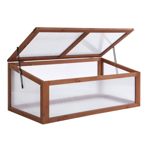 Outsunny Wooden Cold Frame Greenhouse for Plants 100 x 65 x 40cm Brown - Small Polycarbonate Greenhouse, Openable & Tilted Top Cover