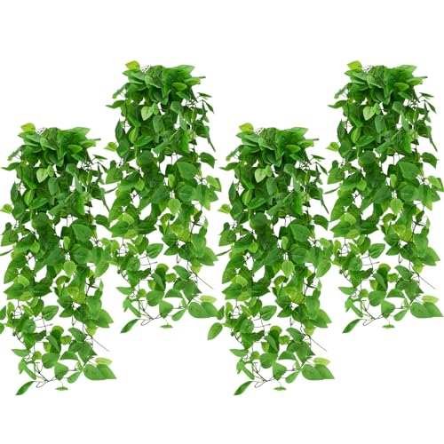 Bacucine Fake Hanging Plants 4PCS Artificial Hanging Plants Artificial Ivy Vine Faux Pothos Vines for Wall Patio Garden Home Decor (4 pcs)