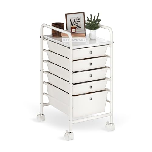 Shrivee 6-Tier Rolling Cart with 5 Drawers, Rolling Utility Cart with 2 Lockable Caster Wheels, Multipurpose Mobile Rolling Storage Drawer Cart for Office Bathroom Kitchen, Ivory White