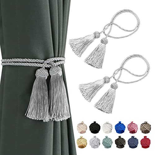 BEL AVENIR 2 Pack Curtain Handmade Tiebacks Decorative Curtain Holdbacks with Tassel- Silver