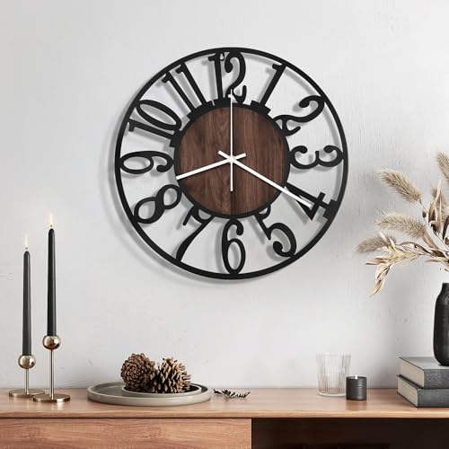 Maxstar Wall Clock Battery Operated,Silent Non-ticking Modern Rustic Metal Round Clocks Small for Living Room/Bedroom/Office/Kitchen/Farmhouse Home Decor-12 Inch(Brown-Wood)