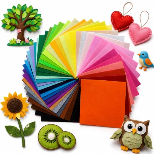 40 Pcs Coloured Felt Fabric Sheets, 15 x 15 cm Craft Fabric - Sewing Patchwork, DIY Craftwork, Assorted Colour Polyester Sheets for Art and Craft