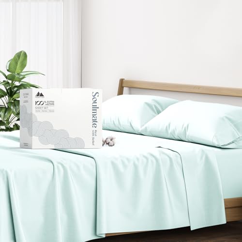 "Mayfair Linen 100% Egyptian Cotton Twin XL Sheet Set - 500 Series Soulmate Collection Cotton Sheets Twin XL Size (3 PC, Sea Foam), Soft, Cooling Sateen Weave 16"" Deep Pocket College Dorm Room Sheet"