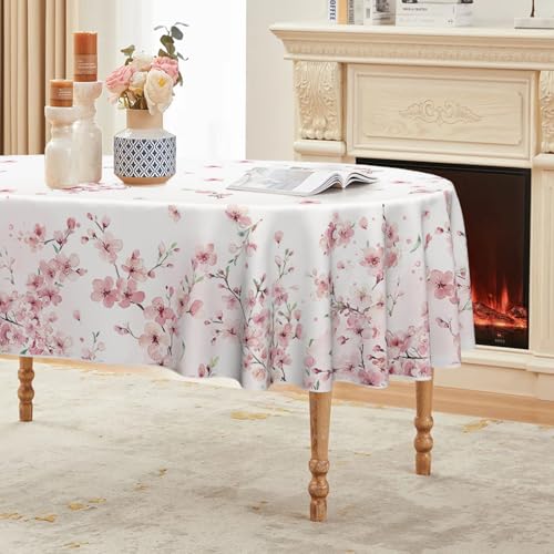 Horaldaily Spring Tablecloth 60??84 Inch Oval, Pink Cherry Blossoms Washable Seasonal Table Cover for Party Picnic Dinner Decor
