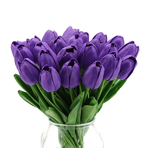 IPOPU Real Touch Purple Tulips 24PCS Artificial Flowers for Decoraion Fake Tulips Purple Flowers Floral Arrangements Faux Tulip Decor for Table Home Decor Baby Shower Centerpieces