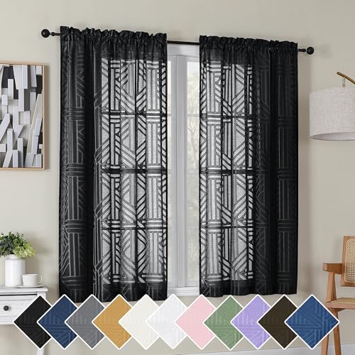 Simplebrand Black Semi Sheer Curtains 54 Inch Length 2 Panels, Geometric Jacquard Clip Textured Short Sheer Curtains for Bedroom???Modern Elegant Window Curtains Drapes/Treatment Sheer???42x54 inch