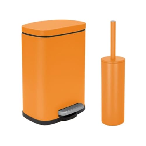 Spirella - AKIRA Steel Pedal Bin + Toilet Brush Set - Soft Easy-Close Closure, Anti-Fingerprint - 21.3 x 17.5 x 30 cm - 5L - Matte Orange
