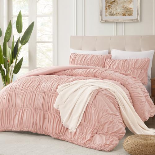 Andency Ruched Blush Pink King Size Comforter Set, Shabby Chic Pleated Bedding Sets 3 Pieces, Lightweight Soft Boho Ruffle Bed Set for Girls, Kids, Women, All Season