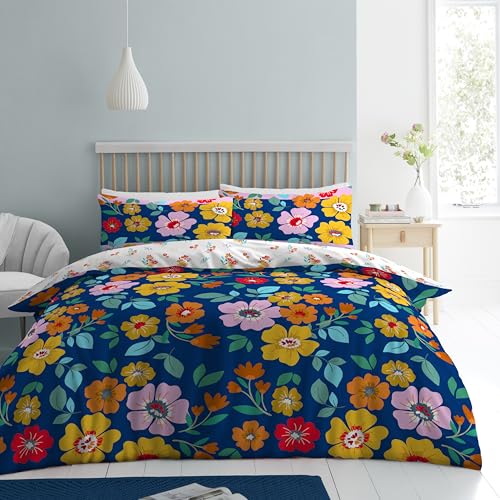 GC GAVENO CAVAILIA Floral Duvet Cover Sets - 3Piece Double Duvet Cover Set With Pillow Cases - Reversible White Quilt Cover Easy Care Breathable Blue Bedding Bed Sets