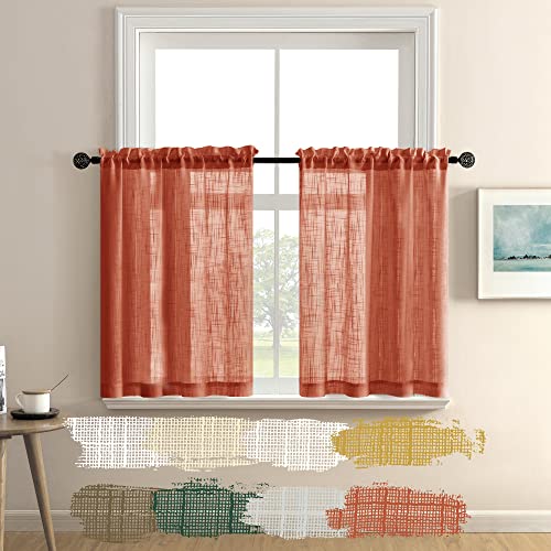 XTMYI Boho Orange Thanksgiving Kitchen Curtains Valances Sets of 2 Pack Short Semi Sheer Linen Light Filtering Curtains for Small Bedroom Window Bathroom 30 Inch Length