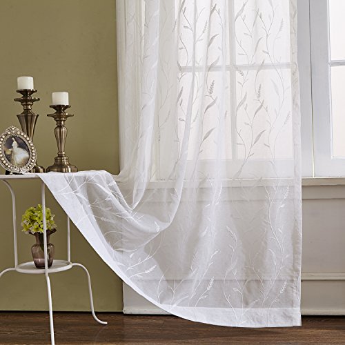 White Rod Pocket Sheer Curtains 102 inches Long Tassels Embroidered Window Curtain Sheer Voile Panels for Living Room & Bedroom, Set of 2
