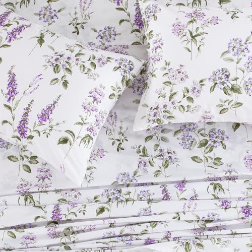 "DAUAOTO California King Cotton Sheets Set, Printed Bedding Sets, Velvet Purple Floral Bedlinen for Cal King Mattress Up to 14"" Deep, Provence Lavender"