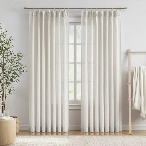 "Vision Home Natural Pinch Pleated Semi Sheer Curtains Textured Linen Blended Light Filtering Window Curtains 95 inch for Living Room Bedroom Pinch Pleat Drapes with Hooks 2 Panels 42"" Wx95 L"