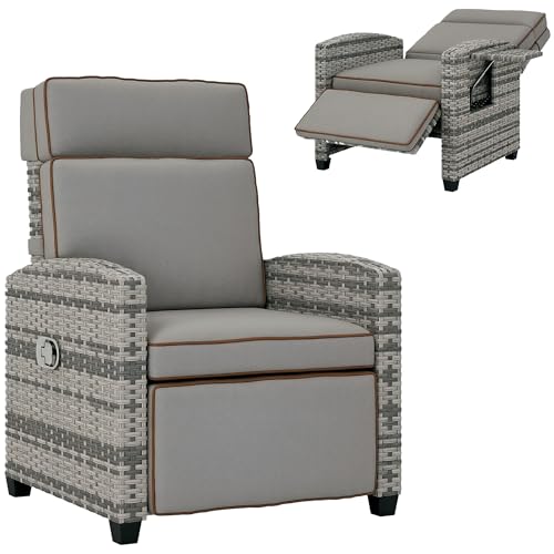 Outsunny Rattan Garden Recliner Chair, Adjustable Backrest Reclining Rattan Chair with Flip Table, Cushion and Footrest, Indoor Outdoor Lounge Reclining Sun Lounger for Patio, Mixed Grey/Grey