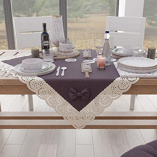 PETTI Artigiani Italiani - Square table topper, cotton with Sangallo lace trim and bows, 95 x 95 cm, Mauve