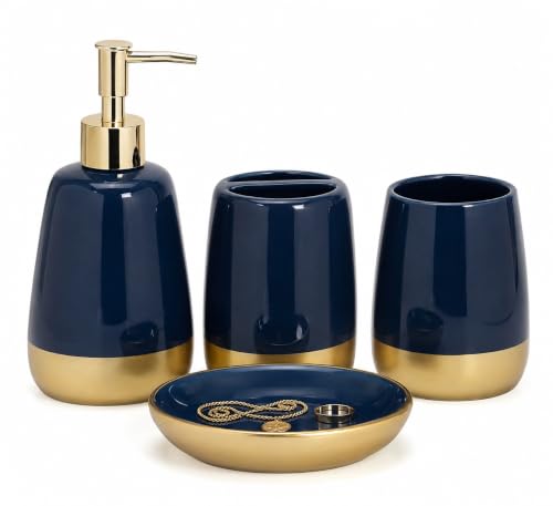 Navy Blue Gold Luxury Bathroom Accessories Set 4 Pieces,Vanity Countertop Ceramic Accessory Set for Bathroom Decor with Soap Dispenser,Toothbrush Holder, Tumbler,Soap Dish (Navy Blue)