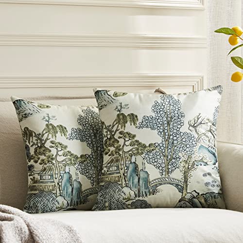 BLESFEST Pack of 2, Chinoiserie Pillow Cover 16 x 16 Inch Thibaut Asian Scenic Grey Throw Pillow Covers Linen Farmhouse Tree Leaves Pillow Case Cushion Covers for Sofa Couch Living Room