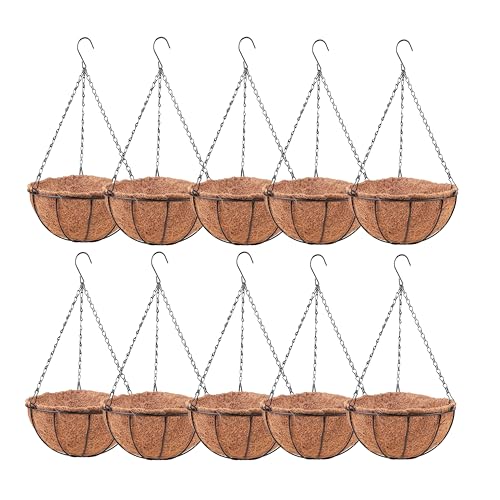 LaLaGreen Hanging Baskets (8 Inch, 10 Pack) Small Hanging Planter with Coco Liner Round Flower Pots, Black Outdoor Planters Basket Metal Wire Holder Hook Deck Porch Modern Garden Balcony Decorations