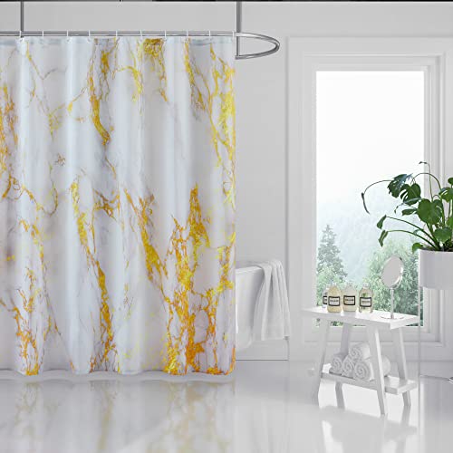 "BLESFOREVER Gold White Marble Shower Curtain Set with 12 Hooks, Luxury Abstract White Grey Gold Marble Shower Curtains for Bathroom, Waterproof Fabric, 72"" W x 72"" L"