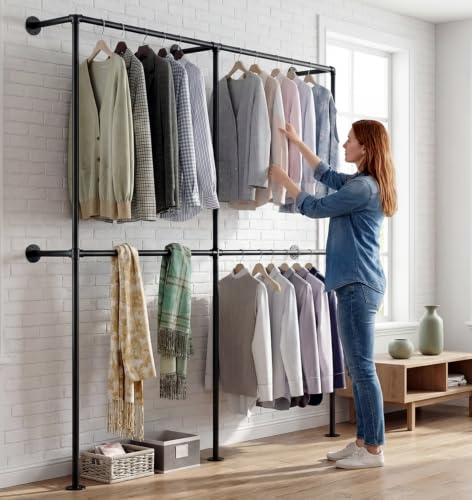 IronJiaZu Industrial Pipe Clothing Rack Wall Mounted Garment Rack, Black Pipe Clothes Racks Retail Display Hanging Rod for Closet Storage, Laundry Room