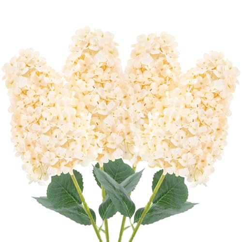 GrainBuds Hydrangea Artificial Flower Conical Faux Hydrangea???Champagne??? - 4pcs Real Touch Fake Hydrangea Silk Flower , faux flowers for vase For Home Decor Party Arrangements Wedding Bouquets