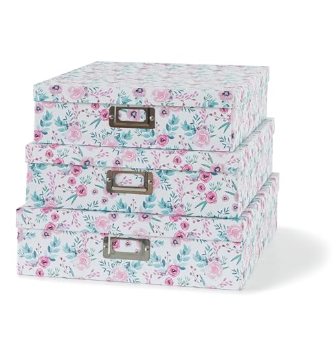SLPR Decorative Storage Cardboard Boxes with Flower Design (Set of 3, In Full Bloom) - Nesting Gift Boxes with Lid for Keepsake Toys Photos Memories Closet Nursery Office Bedroom Decoration