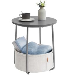 VASAGLE Side Table, Round End Table with Fabric Basket, for Living Room Bedroom, Bedside Table, Modern Style, Cement Gray and Cream White LILEA Collection LET223G49