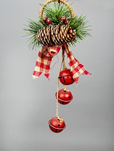 27cm Hanging Decorations Red Bells with Ribbon, Berries and Pinecones Christmas Home Wall Door Jingle Xmas Holiday DIY Decorations