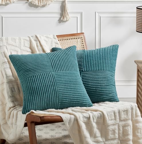 Fancy Homi 2 Packs, Turquoise Decorative Pillow Case for Living Room Couch Bed Sofa Rustic Farm Boho Home Decor Soft Corduroy Corss Patchwork Textured Square Cushion Cover