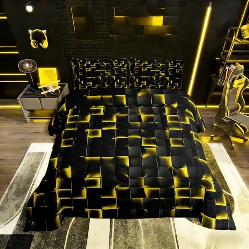 Erosebridal Geometric Checkered Comforter Full Size Neon Black Gold Comforter Set for Kids Teen Men Gaming Room Decor,Abstract Ombre Plaid Bedding Set Geometry Grids Quilt Duvet