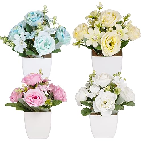Yoratee Small Fake Plants 4Packs Artificial Rose Potted Plant for Home Farmhouse Outdoor Decor