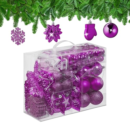 Relaxdays 100x Christmas Ornaments, Baubles, Glittering, Matte & Shiny, Tree Decorations, Plastic, 10 Designs, Pink